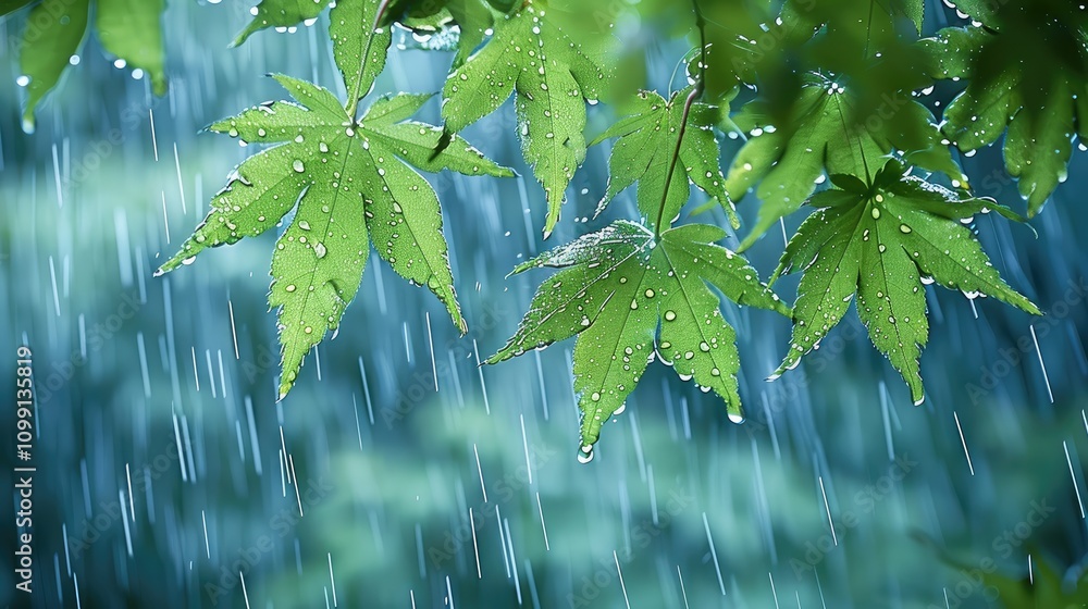 Poster spring rain, green leaves hanging from the branches of maple trees. raindrops falling on a blue back