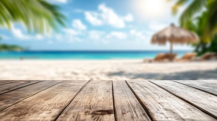 Fototapeta premium Beautiful landscape tropical beach sky blue white clouds Empty rustic wooden table