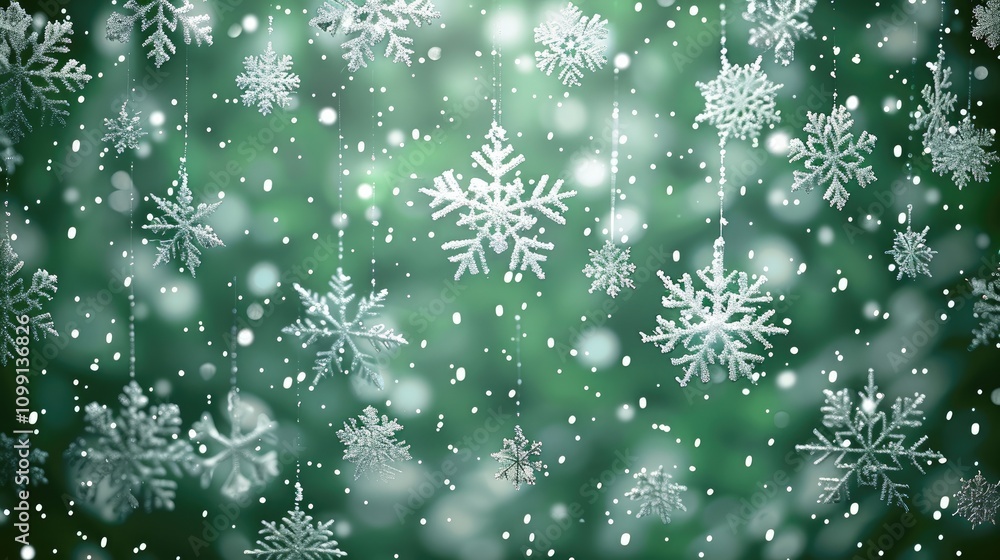 Poster Green background with white snowflakes, festive and warm atmosphere. The green color adds coolness, while the delicate texture of the falling snowflake creates an elegant visual effect.