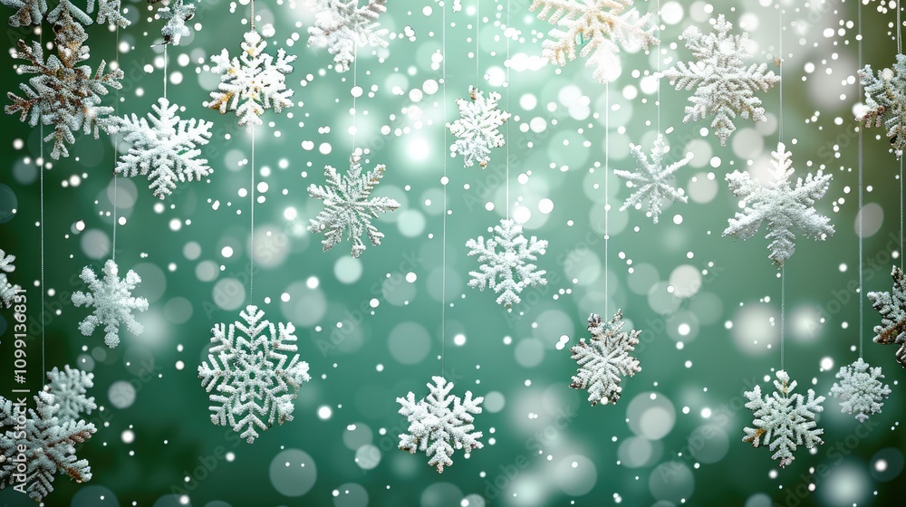 Poster Green background with white snowflakes, festive and warm atmosphere. The green color adds coolness, while the delicate texture of the falling snowflake creates an elegant visual effect.