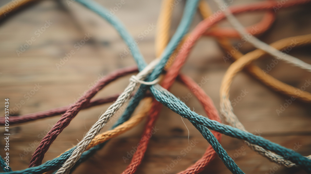Poster intricate knots of colorful cord: a detailed close-up captures the tangled beauty of various colored