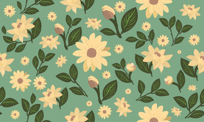 Floral pattern with a variety of yellow flowers and green leaves on a teal background. The flowers include daisies, sunflowers, and other types of flowers.