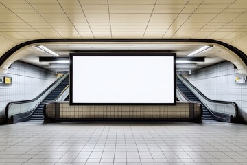 Empty subway station large blank white screen hanging billboard