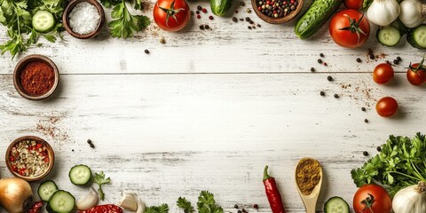 Flat lay various ingredients spices arranged white wooden Taco bar top border