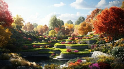 Obraz premium A vibrant garden landscape with colorful foliage and serene water features.