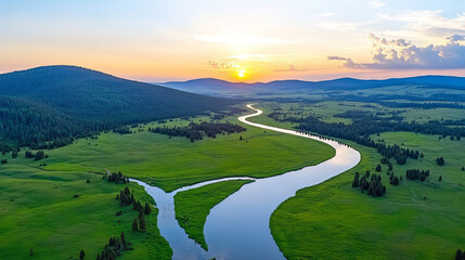 Fototapeta premium serene landscape featuring winding river surrounded by lush green fields and rolling hills under colorful sunset sky. tranquil scene evokes sense of peace and natural beauty