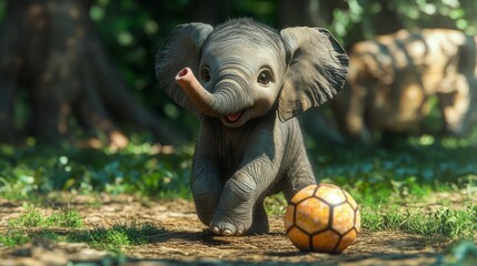 Obraz premium Adorable baby elephant plays with a soccer ball in a lush green setting.