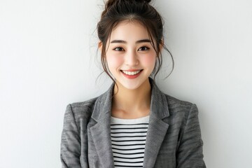 Obraz premium Young Japanese woman in business casual attire, smiling and looking directly at the camera with confidence against Portrait of a professional office worker confident young entrepreneur on isolated 