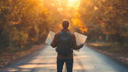 A lone traveler standing at a crossroad holding a map symbolizing making choices for a new adventure