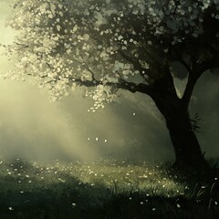 Fototapeta premium Misty Morning Meadow: A Serene Landscape Painting of a Flowering Tree and Peaceful Grassland