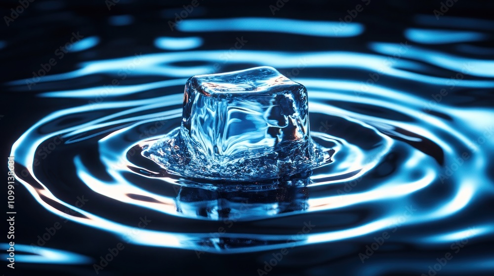 Poster a clear ice cube floating in rippling blue water, creating a serene visual effect.