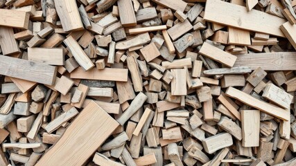 Natural wood scraps arranged in a pattern to create a texture abstract background, showcasing the beauty of recycled wood waste, scraps, wood waste