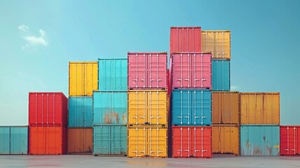 Fototapeta premium Industrial containers stacked neatly on a pastel background.