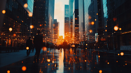 Obraz premium Smart digital Innovation city with connection network reciprocity over the sunset cityscape. of future wireless digital city and social media networking systems that connects people with in city