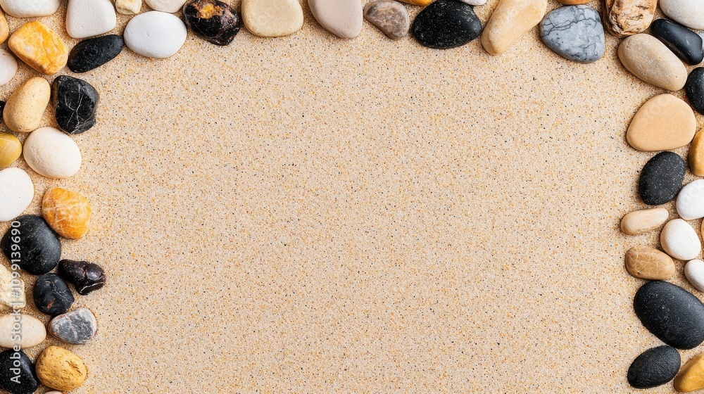 Poster global seo keywords concepts. a serene arrangement of smooth pebbles encircling a sandy surface, cre