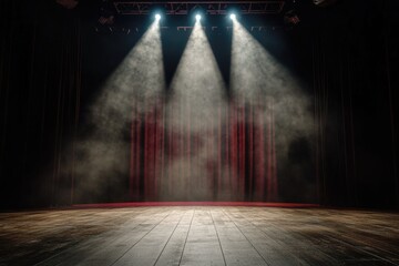 Stage with three spotlights and wooden floor