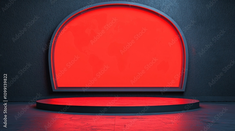 Poster global seo keywords concepts. a minimalist stage features a vibrant red backdrop, set against a text