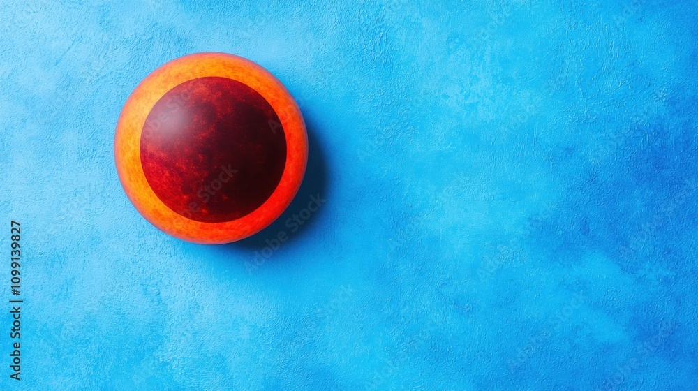Poster global seo keywords concepts. a vibrant orange and brown circular object rests on a textured blue ba