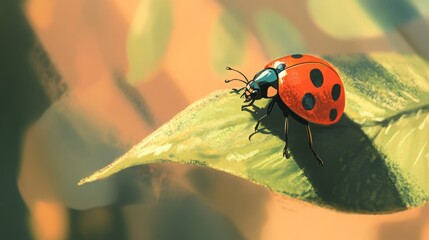 Obraz premium Ladybug on a leaf in warm sunlight. Nature's tiny marvel.
