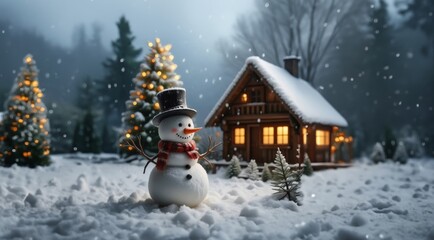 Obraz premium Christmas background. Christmas theme with snowman. Christmas card with Christmas tree on night snowy background.