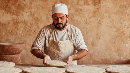 Global SEO keywords concepts. A baker prepares dough in a rustic environment, showcasing traditional bread-making skills with focus and dedication.