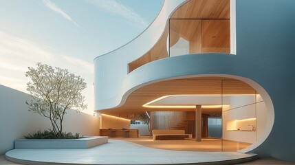 A modern house with a low circular wall partition. which is the highlight of the house.