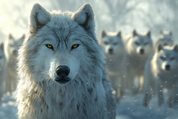 Obraz premium Majestic Arctic Wolf Leading Its Pack Through Winter Snow