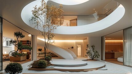 A modern house with a low circular wall partition. which is the highlight of the house.
