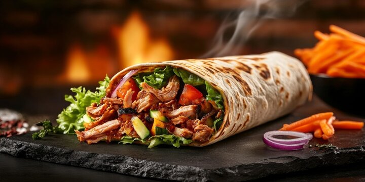 Wrap dark slate board fire burning background is Chicken shawarma durum doner
