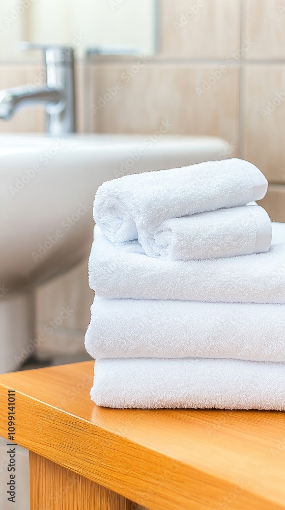 Poster freshly folded towels invite relaxation in a serene boho bathroom setting with soft gray tones and e