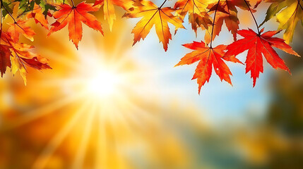 A close-up view of maple branches with colorful autumn leaves glowing against a bright sky. 