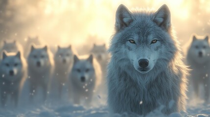 Obraz premium Majestic Arctic Wolf Leads Its Pack Through Winter Snow