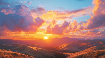 Golden Hour Sunset Over Rolling Hills Landscape