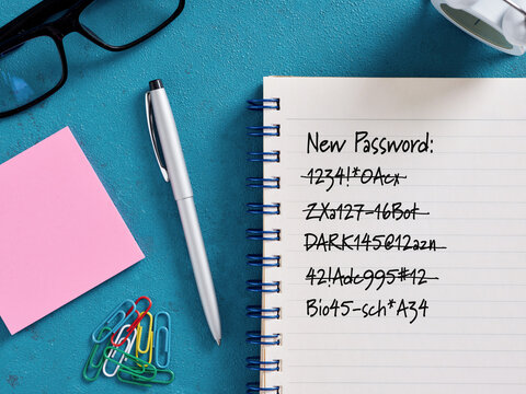 Office worker choosing new secure password in notebook