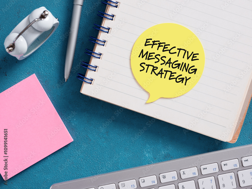 Poster effective messaging strategy planning with notebook and keyboard