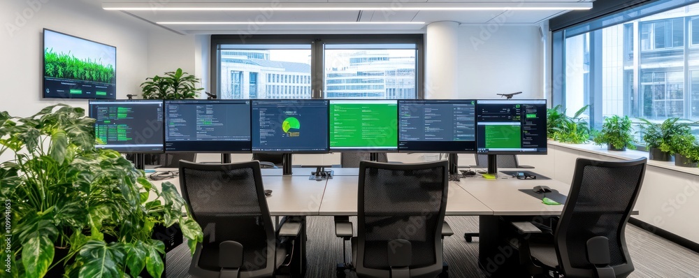 Poster modern office space with multiple monitors and greenery for a tech-focused environment.