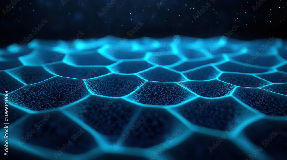 Poster futuristic abstract hexagonal pattern with glowing blue light and dark background