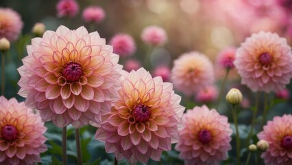 Fototapeta premium Pink dahlia flowers in a flower garden with bokeh light wallpaper background