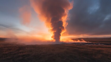 A stunning shot of a geyser erupting with steam rising against a dramatic sky