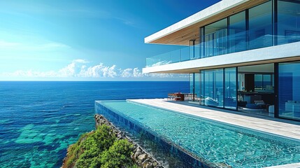 Fototapeta premium A stunning of luxurious serviced apartments perched along a pristine coastline. The exterior features sleek, modern architecture with large glass windows.