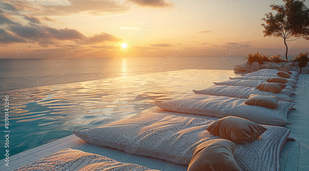 Aufkleber An empty pool area with beach blankets on the ground with throw pillows during the evening when the sun is setting.