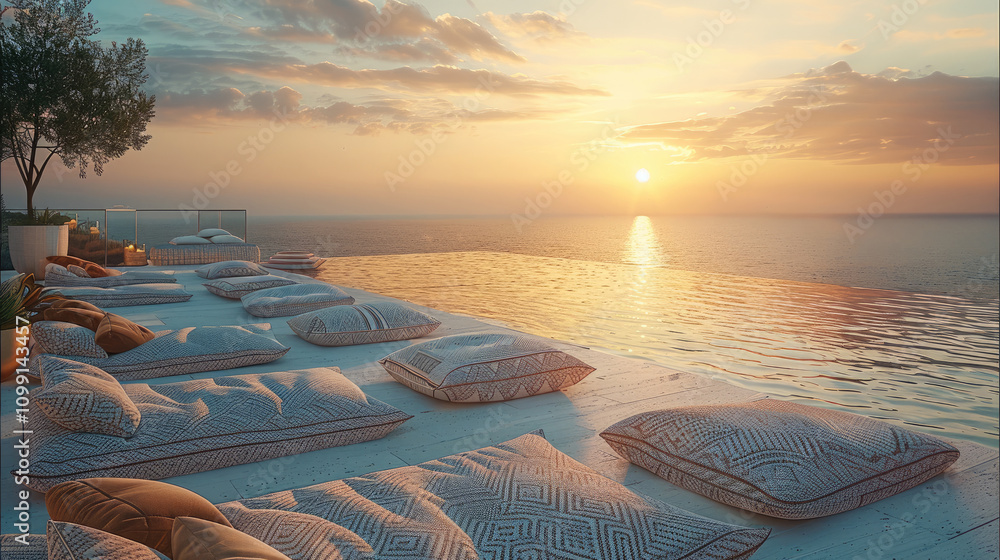 Aufkleber An empty pool area with beach blankets on the ground with throw pillows during the evening when the sun is setting.