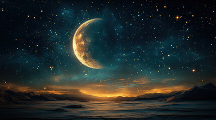 Scattered Gold Stars and Moon Background