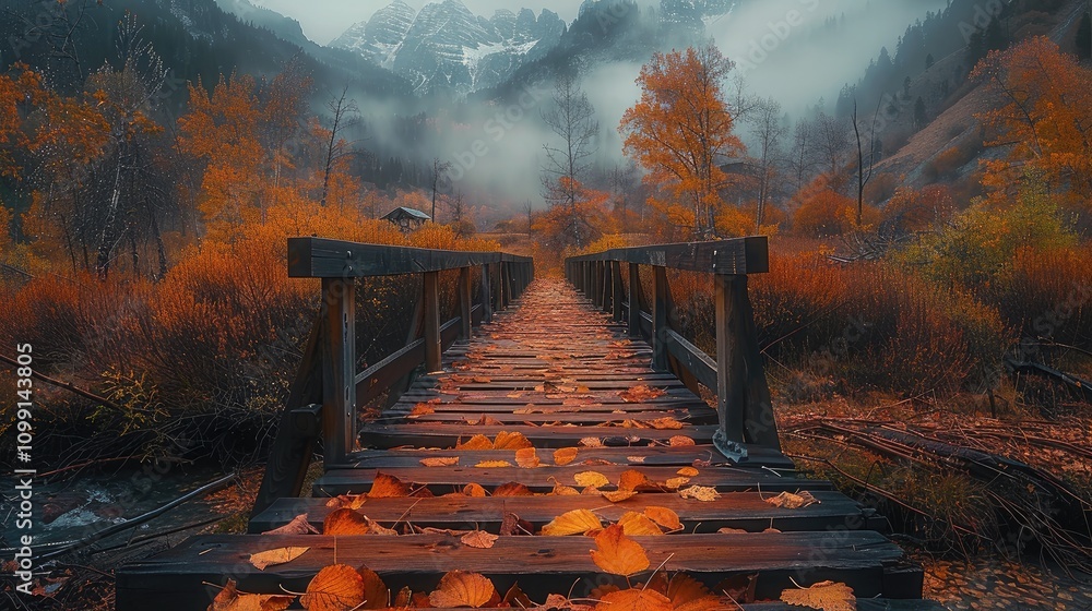 Poster an old wooden bridge stretching across the misty forest during autumn low angle with big autumn leav