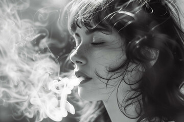 Fototapeta premium White smoke on black background, monochrome. Woman exhaling smoke.