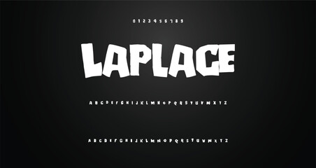 Obraz premium Modern playful alphabet letter and number set. funky font or typography. Vector bold font for poster, flyer, book cover, greeting card, product packaging, graphic print, etc.