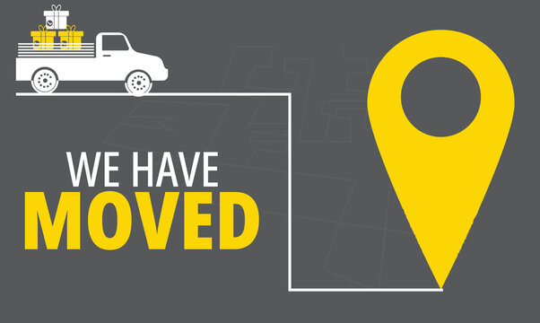 We have moved banner. Company or shop relocation vector banner or background, office moving flyer. Business address or location change navigation with city map,Template for poster, flyer,vector illust