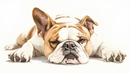 Fototapeta premium A watercolor Bulldog lying in a relaxed pose, its large paws stretched out, painted gently against white