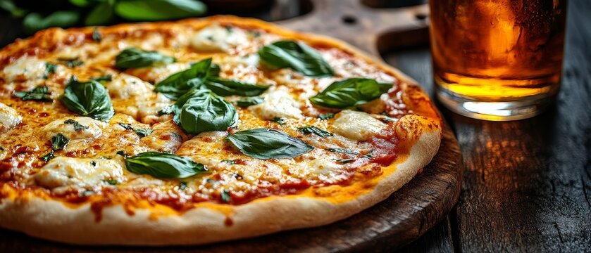 Delicious classic margherita pizza with fresh basil and beer rustic kitchen food photography cozy vibe culinary delight - Powered by Adobe