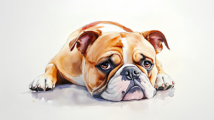 Fototapeta premium A watercolor Bulldog lying with its head tilted slightly, as if daydreaming, painted softly on a white background